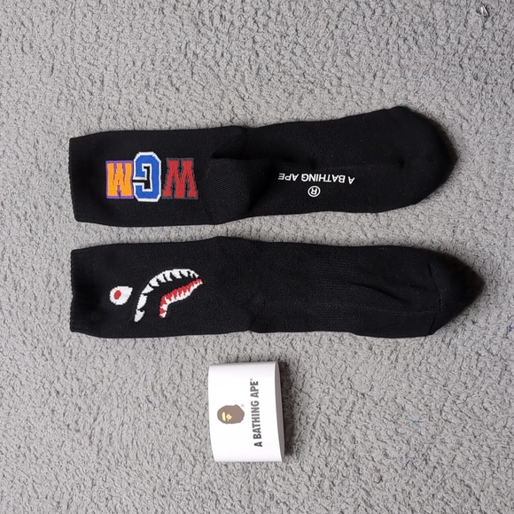 Bape Crew Socks WGM Shark Mouth Tiger Logo Mens Womens Unisex Size 9-11 Black - Picture 3 of 3